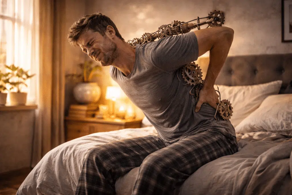 QUAND LE CORPS SE DÉLIE - Maison Akasha Yoga Homme soulageant une douleur au dos au réveil