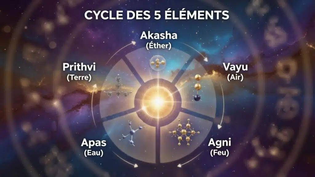 Les 5 Éléments - Maison Akasha Yoga Yoga des 5 éléments : schéma du cycle Akasha, Vayu, Agni, Apas et Prithvi