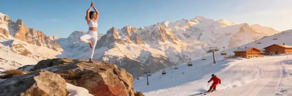 QUAND LA GLISSE TE FAIT VIBRER - Maison Akasha Yoga Posture de yoga en équilibre au sommet d’une piste de ski
