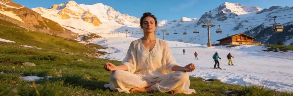 QUAND LA GLISSE TE FAIT VIBRER - Maison Akasha Yoga Méditation sur l’herbe face aux pistes de ski enneigées