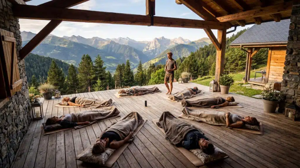 Formation Quantum Breathwork Séance de breathwork allongée sur une terrasse face aux montagnes