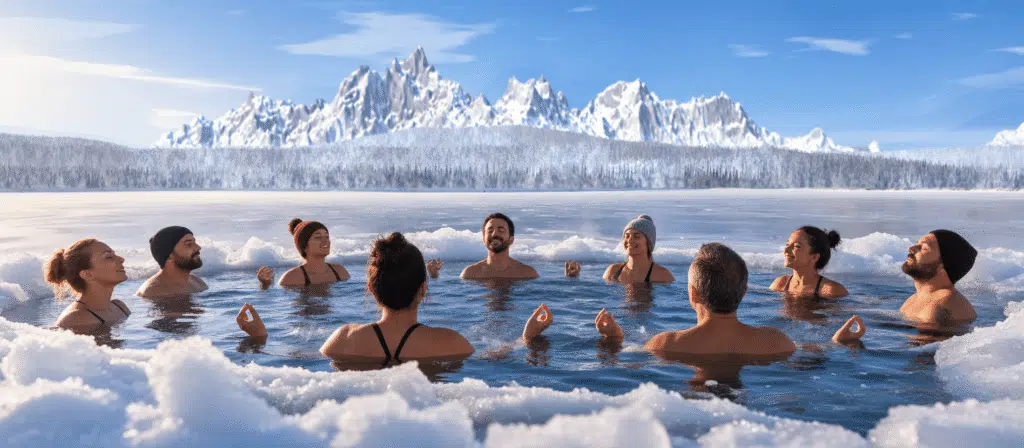 QUAND LE FROID EST TON ALLIÉ - Maison Akasha Yoga Groupe en bain froid dans un lac glacé face aux montagnes, thérapie par le froid