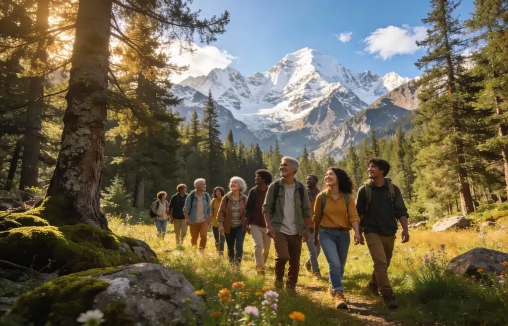 QUAND LA NATURE T’APPELLE - Maison Akasha Yoga Groupe en marche consciente en forêt face aux sommets enneigés