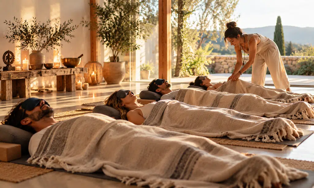 Séance de breathwork encadrée en groupe – élément Air Participants allongés sous des couvertures pendant une séance de breathwork encadrée, dans une salle baignée de lumière