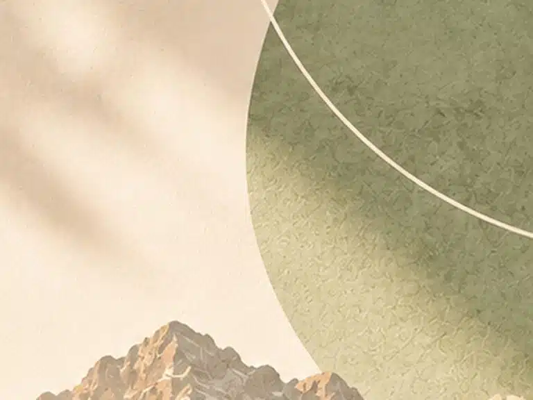 Livre d'Or - Maison Akasha Yoga Composition graphique avec un grand arc vert sauge, une ligne crème et un sommet rocheux illustré sur fond beige