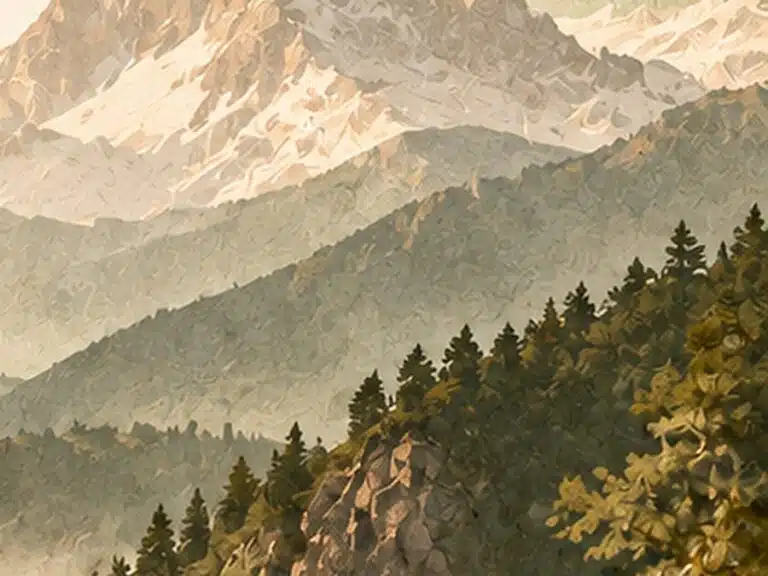 Livre d'Or - Maison Akasha Yoga Illustration aux tons sépia de sommets enneigés et de crêtes boisées dans la brume, fragment du visuel « Photos à venir »