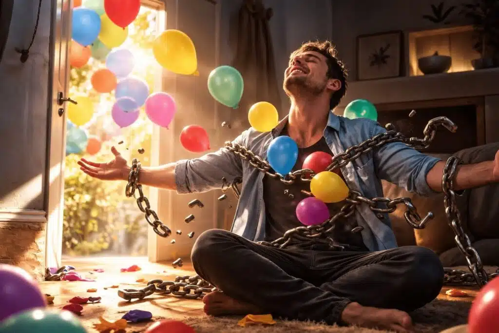QUAND TES ÉMOTIONS S’EXPRIMENT - Maison Akasha Yoga Homme libéré de ses chaînes, entouré de ballons colorés : libérer ses émotions grâce au breathwork chez Maison Akasha