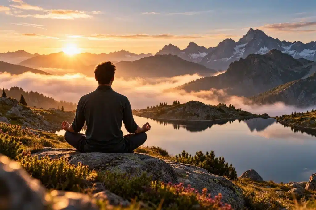 QUAND LE SILENCE T’APAISE - Maison Akasha Yoga Méditation en silence face au lever du soleil sur un lac de montagne des Pyrénées, stage Maison Akasha